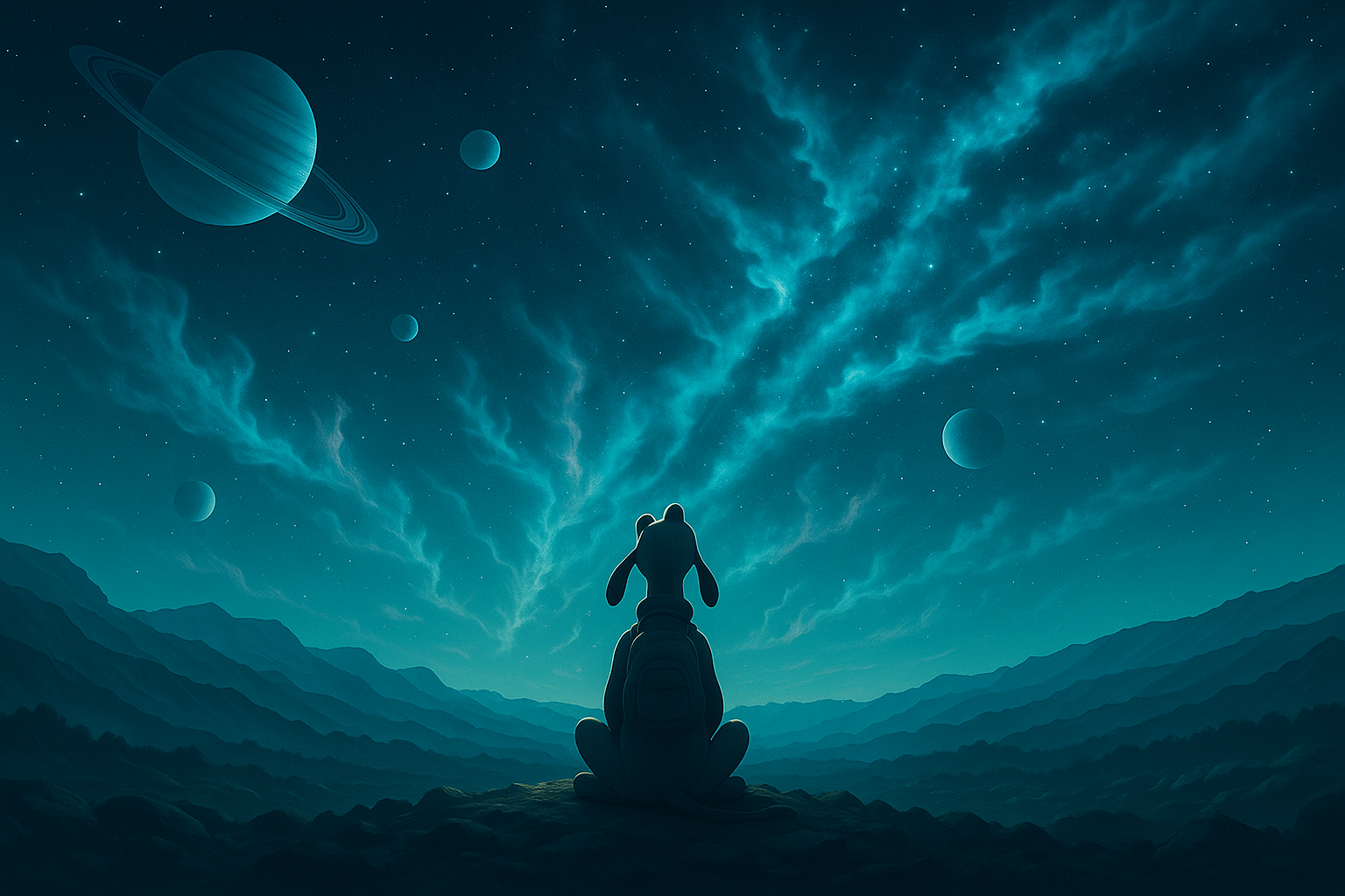 Space background with person and dog silhouette